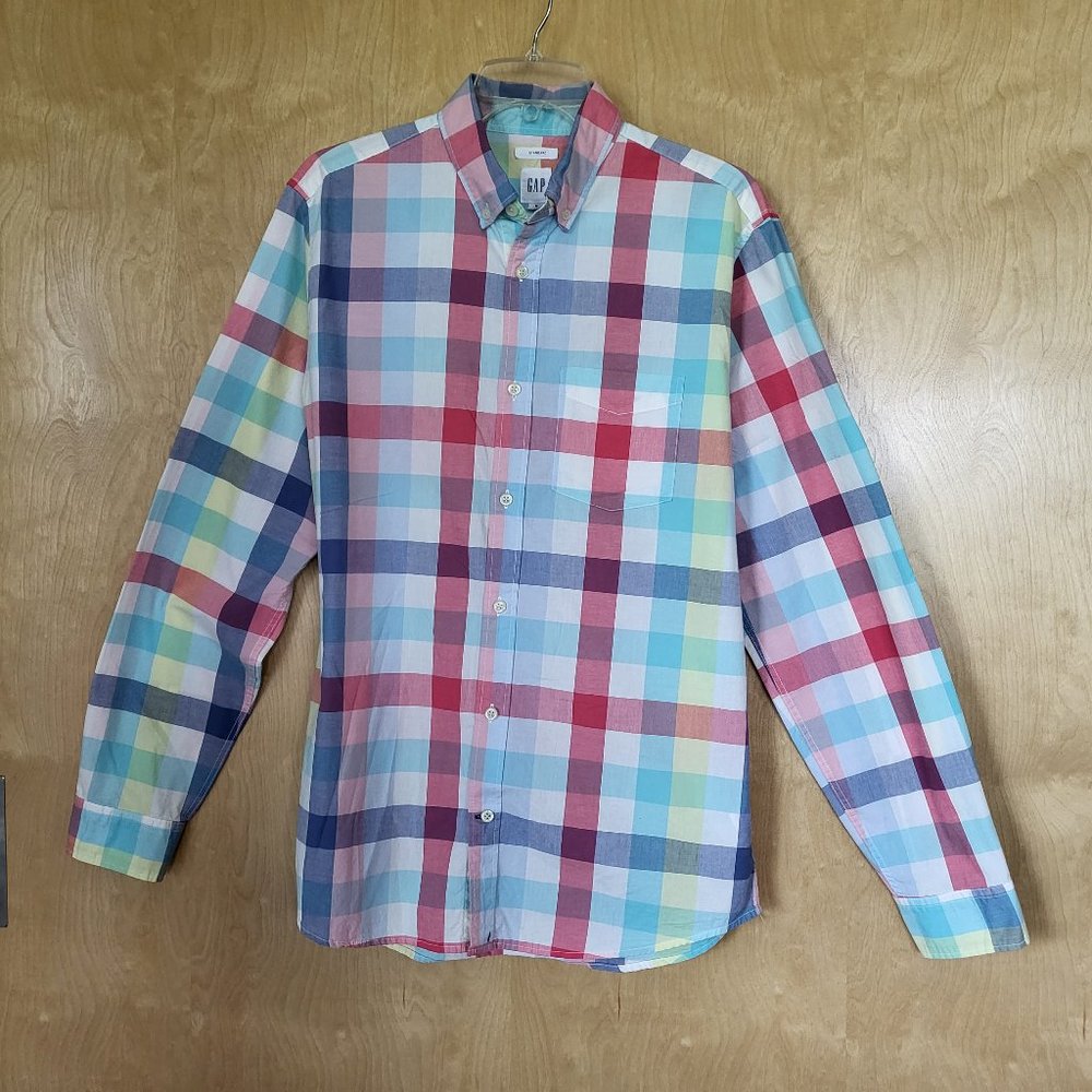 GAP Long Sleeve Button Down Shirt Pastel Plaid Size Medium